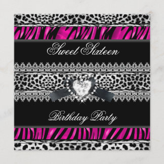 Süße 16 Sechzehn Zebra Leopard Pink Schwarz Diaman Einladung
