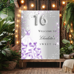 Süße 16 silberner lila Glitter-Kleid Willkommen Poster