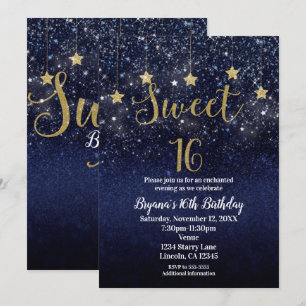 Süße 16 Sternen Nacht Gold Blau Glanz Himmel Party Einladung
