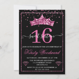 Süße 16 Tiara mit rosa Diamantkonfetti Einladung