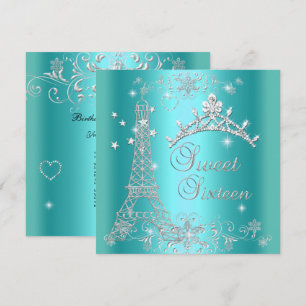 Süße 16 Türkisblaue Glitter-Tiara Eiffelturm Einladung