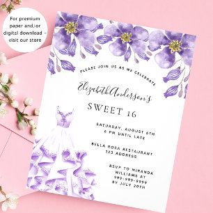 Süße 16 violette Kleid Blumen Budget Einladung Flyer