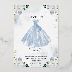 Süße 16 Wasserfarben Blumen Kleid Babyblau Silber Folieneinladung