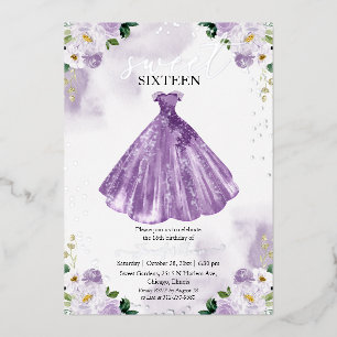 Süße 16 Wasserfarben Blumen Kleid Lila Silber Folieneinladung