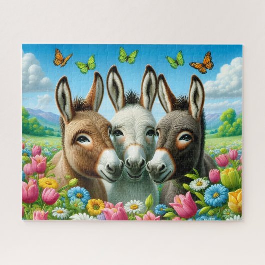 Süße 3 Esel in Blumen Puzzle (Horizontal)