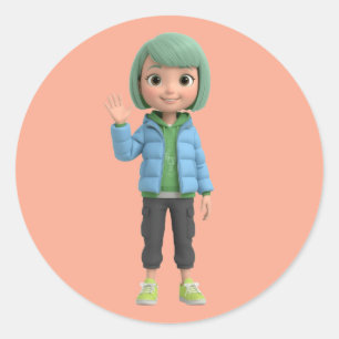 Süße 3D-Anime-Girl winkt blauen Pufferjacke Die-C Runder Aufkleber