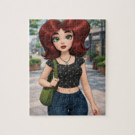 Süße 3D-Cartoon-Girl, die eine Stadtstraße entlang Puzzle