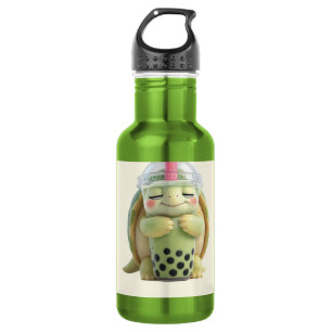 Süße 3D-Cartoon-Schildkröte umarmt Matcha-Boba-Tee Edelstahlflasche