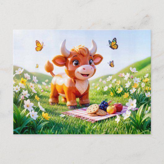 Süße 3D-Stier-Sternzeichen-Picknick Postkarte (Vorderseite)