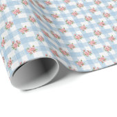 Süße 50er Retro-Rosebud-Blaue Gingham-Karo Geschenkpapier (Rolleneckpunkt)