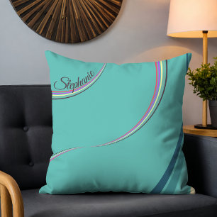 Süße 70er Retro-Chic-Streifen Personalisiert Cyan Kissen