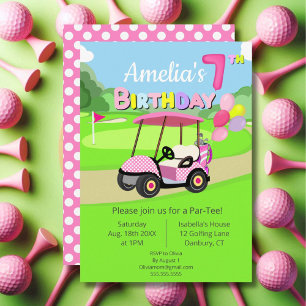 Süße 7. Geburtstags-Polka-Punkt-Rosa-Mädchen-Golf Einladung