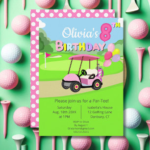 Süße 8. Geburtstags-Polka-Punkt-Rosa-Mädchen-Golf Einladung