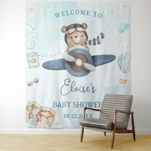 Süße Abenteuer Bär Blau Flugzeug Junge Baby Shower Wandteppich