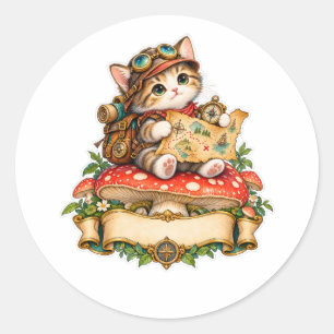 Süße Abenteurerkatze – Fantasy-Entdecker mit Schat Runder Aufkleber