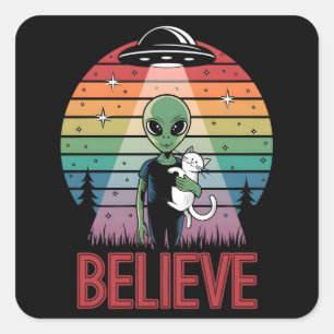 Süße Alien-Katze Glaubt UFO-Sonnenuntergangs-Aufkl Quadratischer Aufkleber