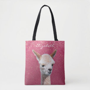 Süße Alpaka, Rosa Glitter, DIY-Name weiße Schrift Tasche