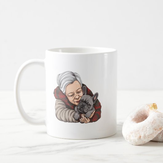 Süße alte Frau und Französische Bulldogge Cartoon- Kaffeetasse (Mit Donut)
