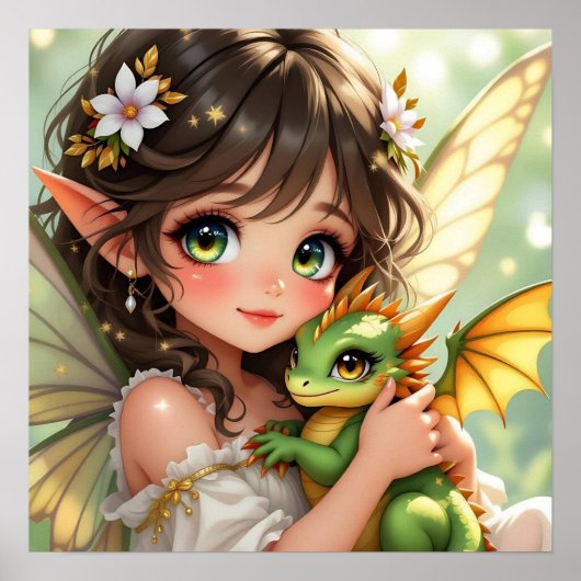 Süße Anime-Fee und Chibi-Drache Poster (Vorne)