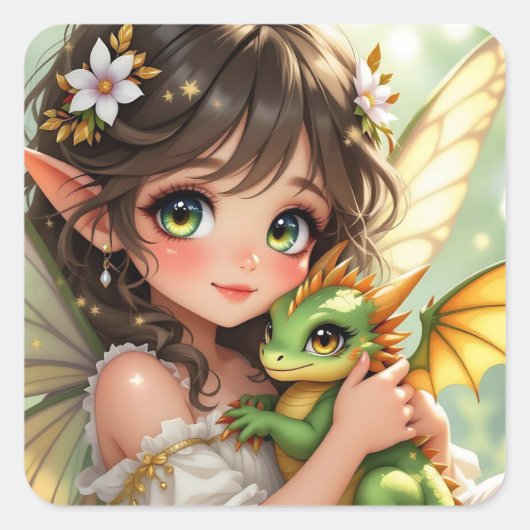 Süße Anime-Fee und Chibi-Drache  Quadratischer Aufkleber (Vorderseite)