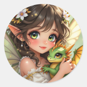 Süße Anime-Fee und Chibi-Drache Runder Aufkleber