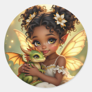 Süße Anime-Fee und Chibi-Drache Runder Aufkleber