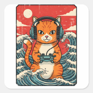 Süße Anime-Gamer-Katze Japanisches Gaming Retro Quadratischer Aufkleber
