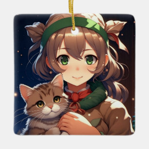 Süße Anime-Girl mit einem Kätzchen zu Weihnachten Keramikornament