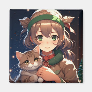Süße Anime-Girl mit einem Kätzchen zu Weihnachten Magnet