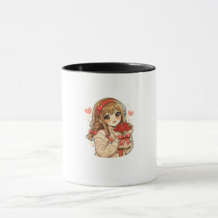 Süße Anime-Girl mit roten Rosen haltendem Kaffeebe Tasse