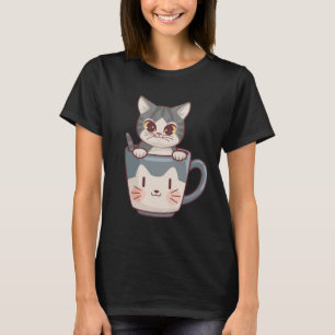 Süße Anime-Katze in Becher-Vektor-Kunst T-Shirt
