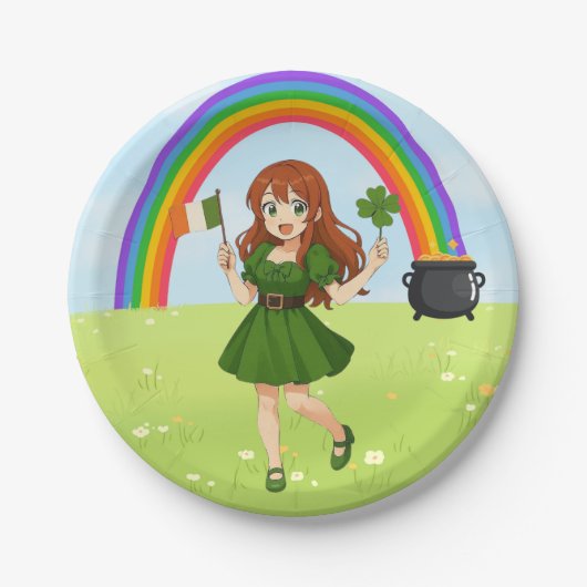 Süße Anime-Rothaarige am St. Patrick's Day Pappteller (Vorderseite)