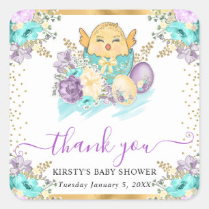 Süße Aquarell-Blumen-Küken und Eier Baby Shower Quadratischer Aufkleber