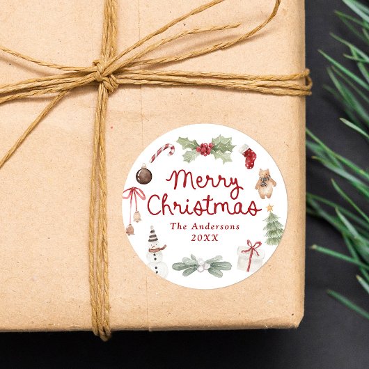 Süße Aquarell-Illustrationen Frohe Weihnachten Runder Aufkleber