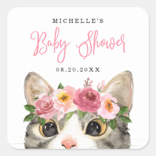 Süße Aquarell-Kätzchen-Mädchen-Baby-Party Quadratischer Aufkleber
