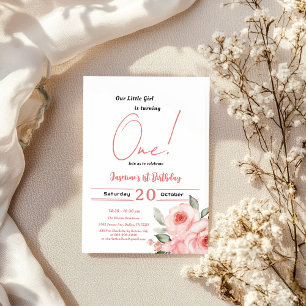 Süße Aquarell-Rosa-Rosen-Babymädchen 1. Geburtstag Einladung