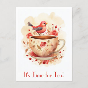 Süße Aquarell-Vogel-Blumen-Zeit-für-Tee Postkarte