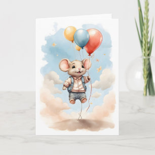 Süße Aquarellmaus schwebt mit Ballons leer Karte
