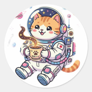 Süße Astronauten-Katze trinkt Kaffee Klassisch Run Runder Aufkleber