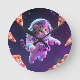Süße Astronautenkatze schwebende Pizza Weltraum-Ab Runde Wanduhr