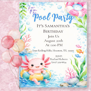 Süße Axolotl-Geburtstags-Poolparty Einladung