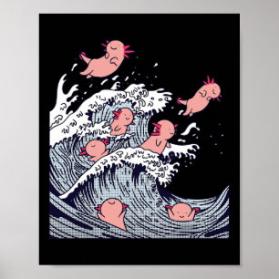 Süße Axolotls surfen auf einer Welle, lustige japa Poster