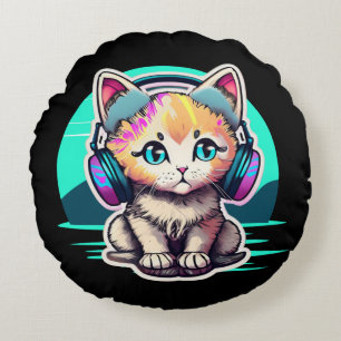 Süße Babkatze mit Kopfhörern Rundes Kissen