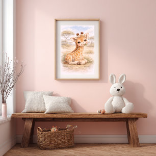 Süße Baby-Giraffe, die in einem neutralen Kinderzi Poster