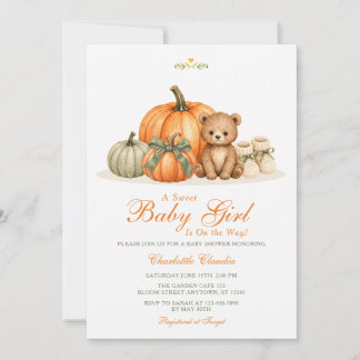 Süße Baby Girl Pumpkin Bear Herbst-Baby-Party Einladung