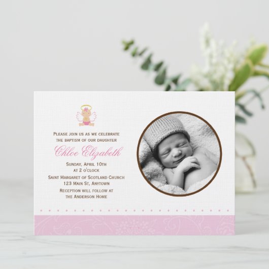 Süße Baby-Mädchen-Foto-Taufe Einladung (Stehend Vorderseite)