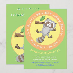 Süße Baby-Waschenbär-Cartoon-Illustration 1 Jahr Einladung