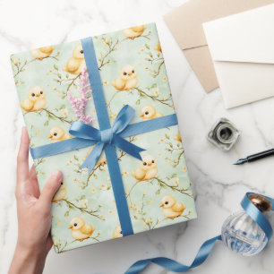 Süße Babyküken Mintgrünes Frühlingsblumenmuster Geschenkpapier