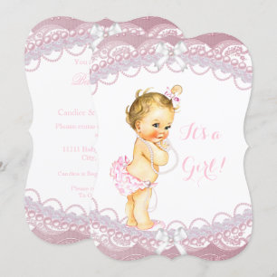 Süße Babyparty Mädchen Rosa Perlen Spitze Blond Einladung