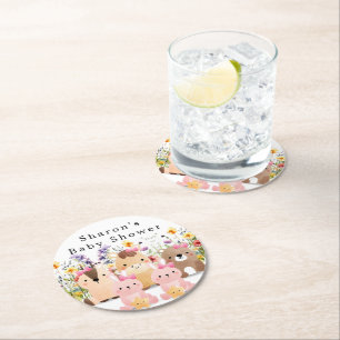 Süße Babytier & Wildblumen-Baby-Party Runder Pappuntersetzer